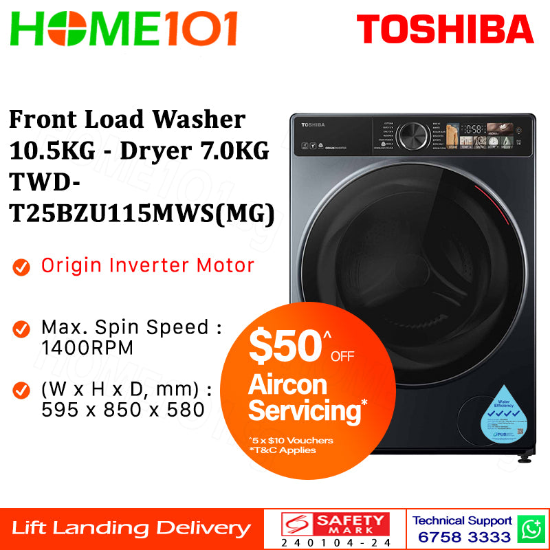 Toshiba Front Load Washer 10.5KG - Dryer 7.0KG TWD-T25BZU115MWS(MG)