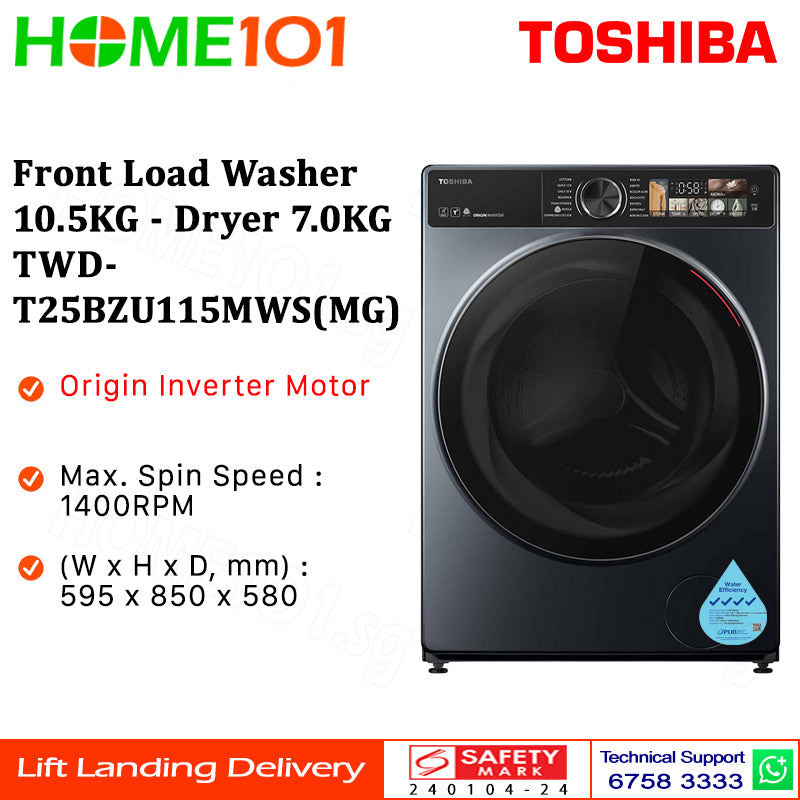 Toshiba Front Load Washer 10.5KG - Dryer 7.0KG TWD-T25BZU115MWS(MG)
