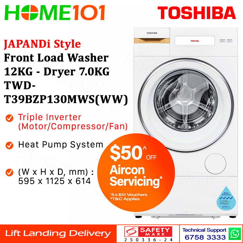 Toshiba JAPANDi Style Front Load Washer 12KG - Dryer 7.0KG TWD-T39BZP130MWS(WW)