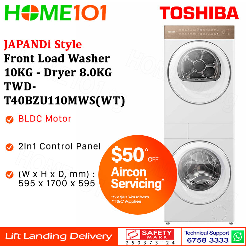 Toshiba JAPANDi Style Front Load Washer 10KG - Dryer 8.0KG TWD-T40BZU110MWS(WT)