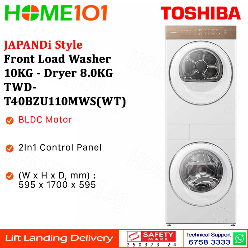 Toshiba JAPANDi Style Front Load Washer 10KG - Dryer 8.0KG TWD-T40BZU110MWS(WT)