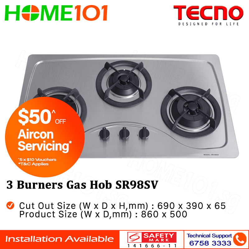 Tecno Stainless Steel Cooker Hob 3 Burners SR98SV - LPG / PUB - FREE INSTALLATION