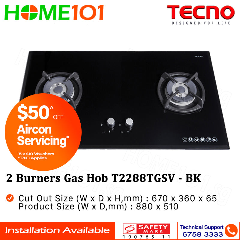 Tecno Glass Cooker Hob 2 Burners T2288TGSV - LPG / PUB - FREE INSTALLATION