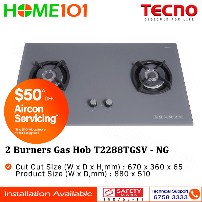 Tecno Glass Cooker Hob 2 Burners T2288TGSV - LPG / PUB - FREE INSTALLATION