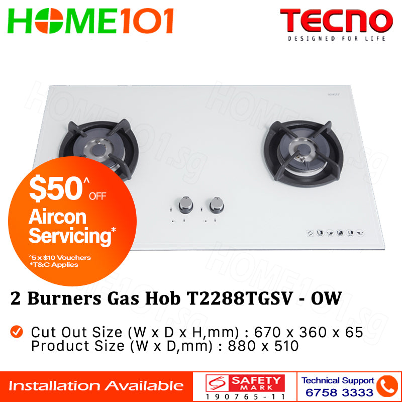 Tecno Glass Cooker Hob 2 Burners T2288TGSV - LPG / PUB - FREE INSTALLATION