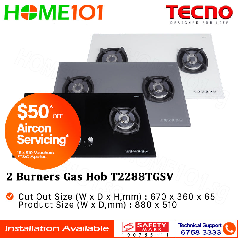 Tecno Glass Cooker Hob 2 Burners T2288TGSV - LPG / PUB - FREE INSTALLATION