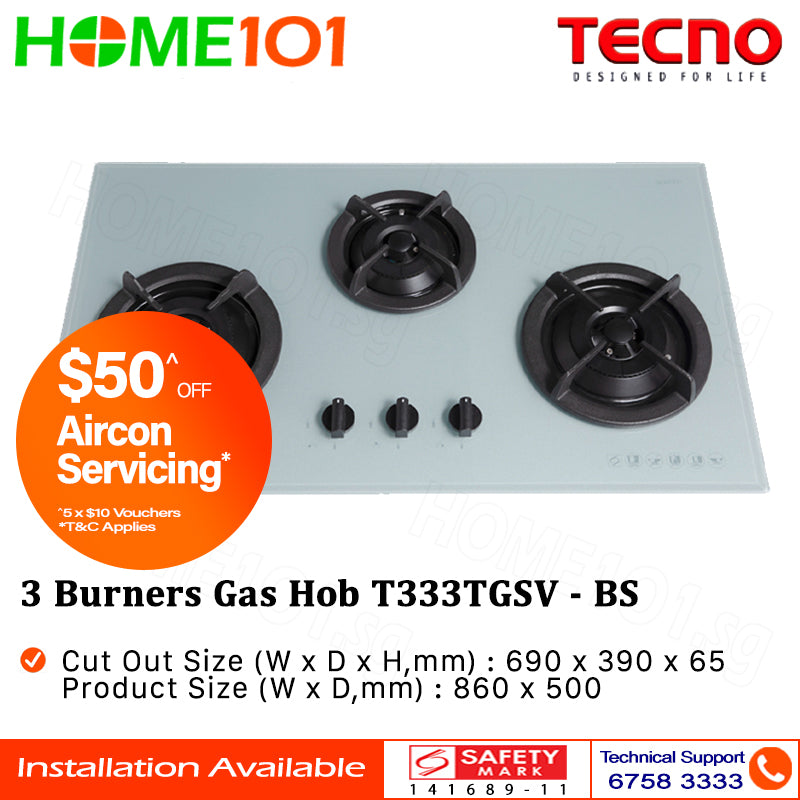 Tecno Tempered Glass Cooker Hob 3 Burners T333TGSV - LPG / PUB - FREE INSTALLATION