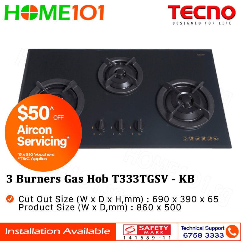 Tecno Tempered Glass Cooker Hob 3 Burners T333TGSV - LPG / PUB - FREE INSTALLATION