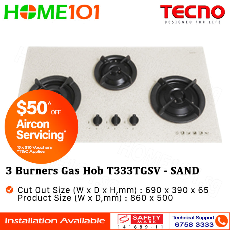 Tecno Tempered Glass Cooker Hob 3 Burners T333TGSV - LPG / PUB - FREE INSTALLATION