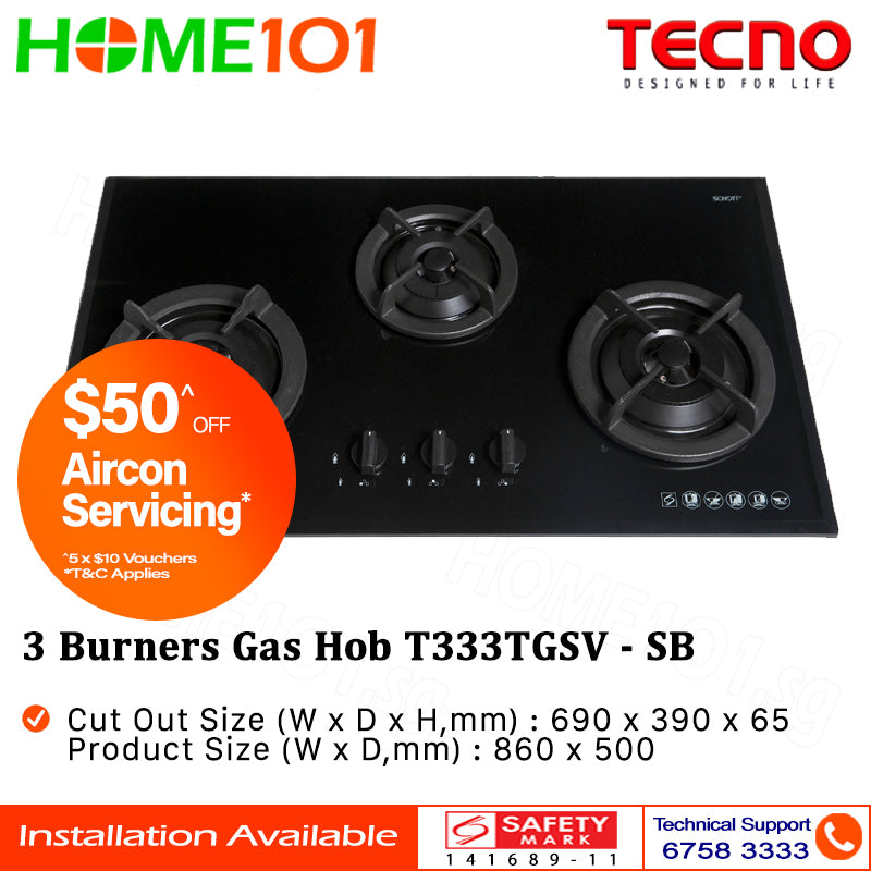 Tecno Tempered Glass Cooker Hob 3 Burners T333TGSV - LPG / PUB - FREE INSTALLATION