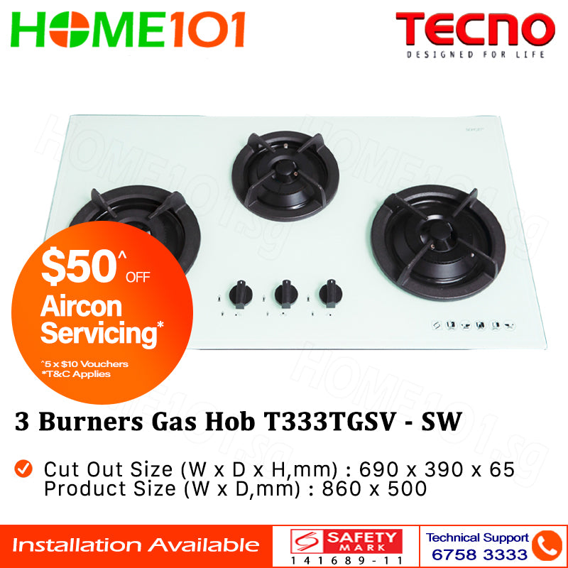 Tecno Tempered Glass Cooker Hob 3 Burners T333TGSV - LPG / PUB - FREE INSTALLATION