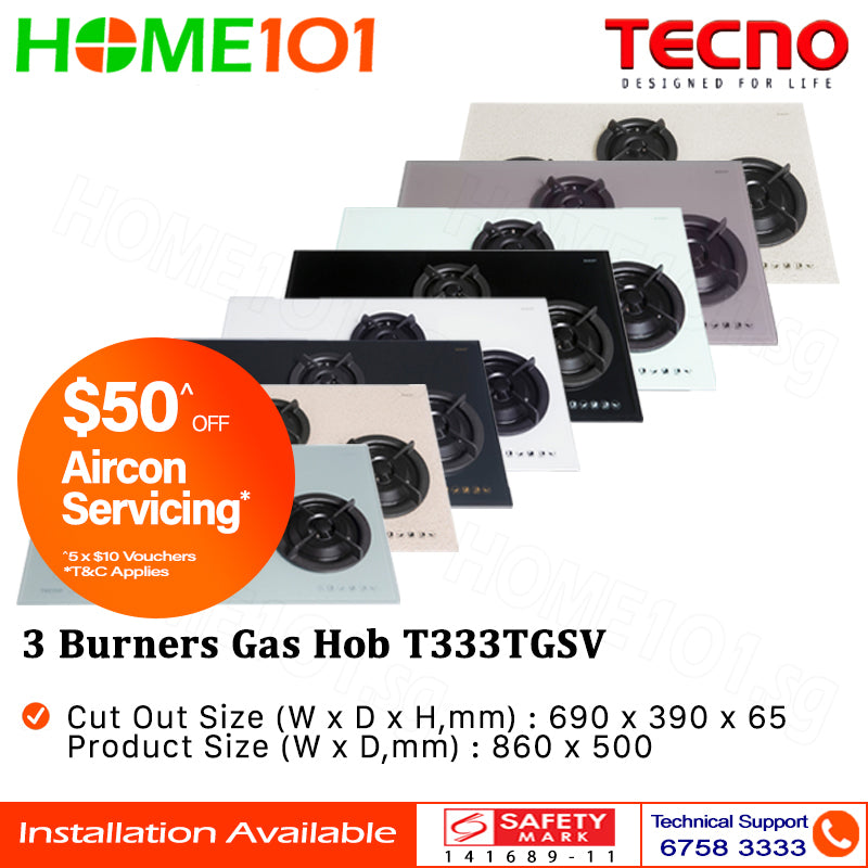 Tecno Tempered Glass Cooker Hob 3 Burners T333TGSV - LPG / PUB - FREE INSTALLATION