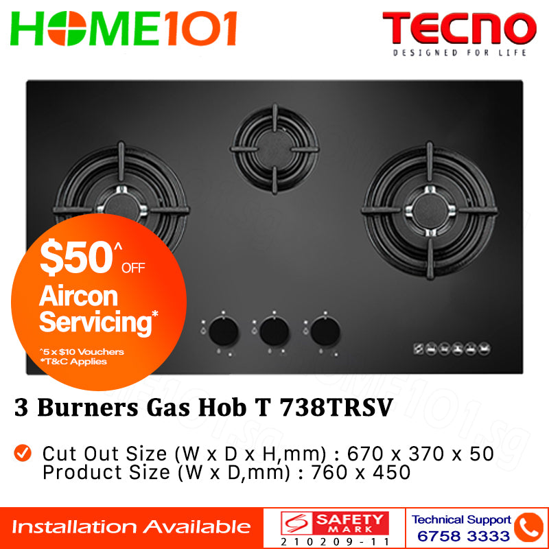 Tecno Tempered Glass Cooker Hob 3 Burners T 738TRSV - LPG / PUB - FREE INSTALLATION