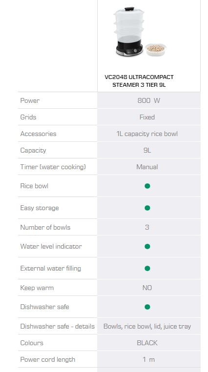 Tefal Ultracompact Food Steamer 9.0L VC2048