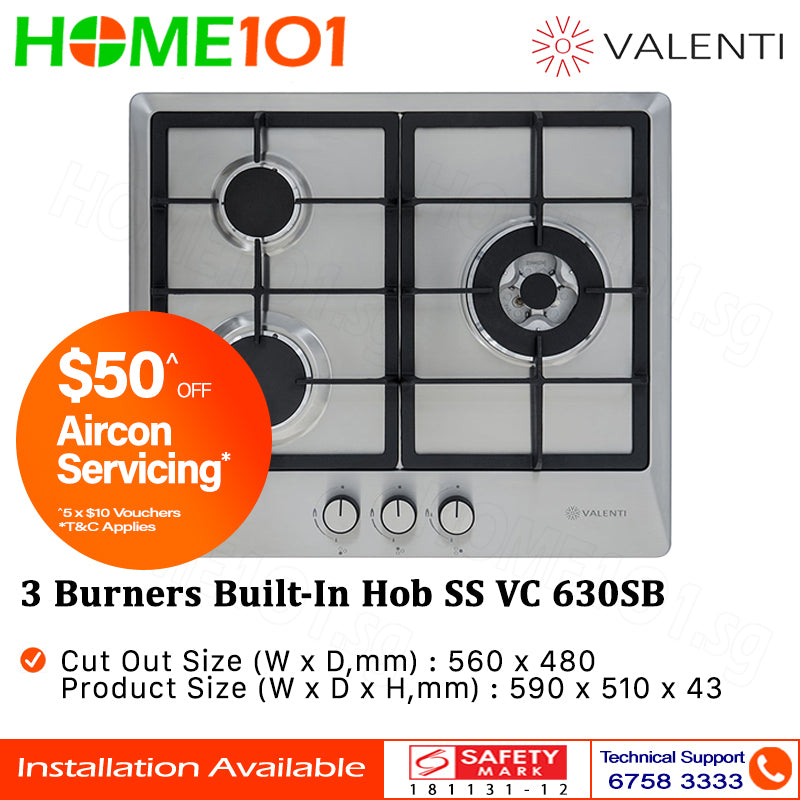 Valenti 3 Burners Built-In Stainless Steel Hob VC 630SB