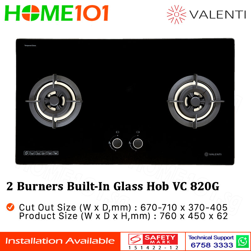 Valenti 2 Burners Built-In Glass Hob VC 820G - LPG