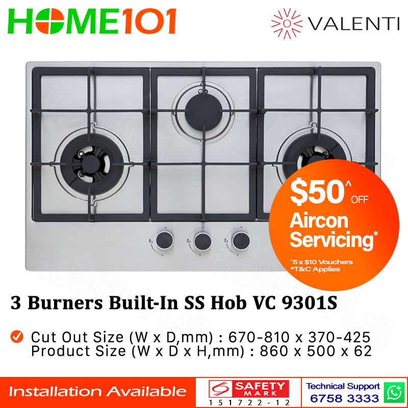 Valenti 3 Burners Built-In Stainless Steel Hob VC 9301S - LPG - Display Set
