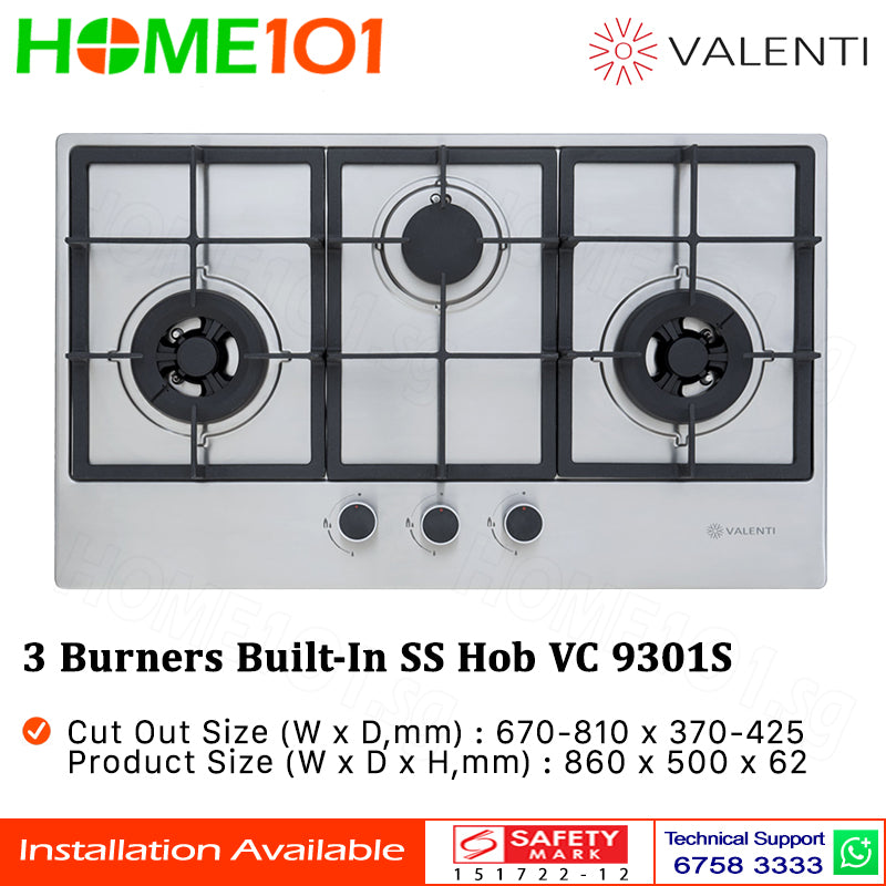 Valenti 3 Burners Built-In Stainless Steel Hob VC 9301S - LPG - Display Set