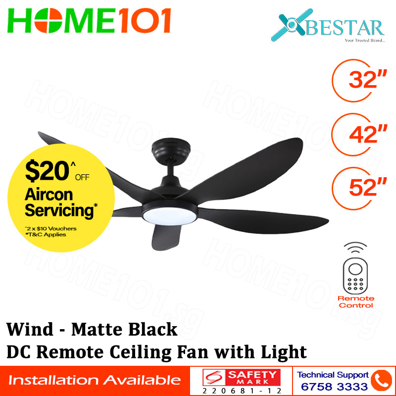 Bestar DC Motor Ceiling Fan with Remote Control & Light 32"/42”/52" Wind