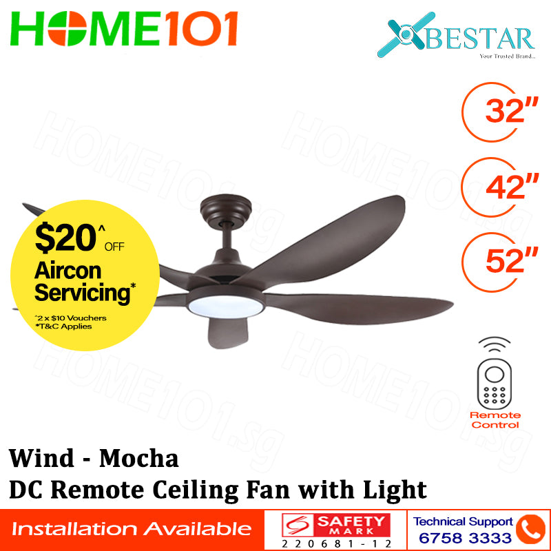 Bestar DC Motor Ceiling Fan with Remote Control & Light 32"/42”/52" Wind