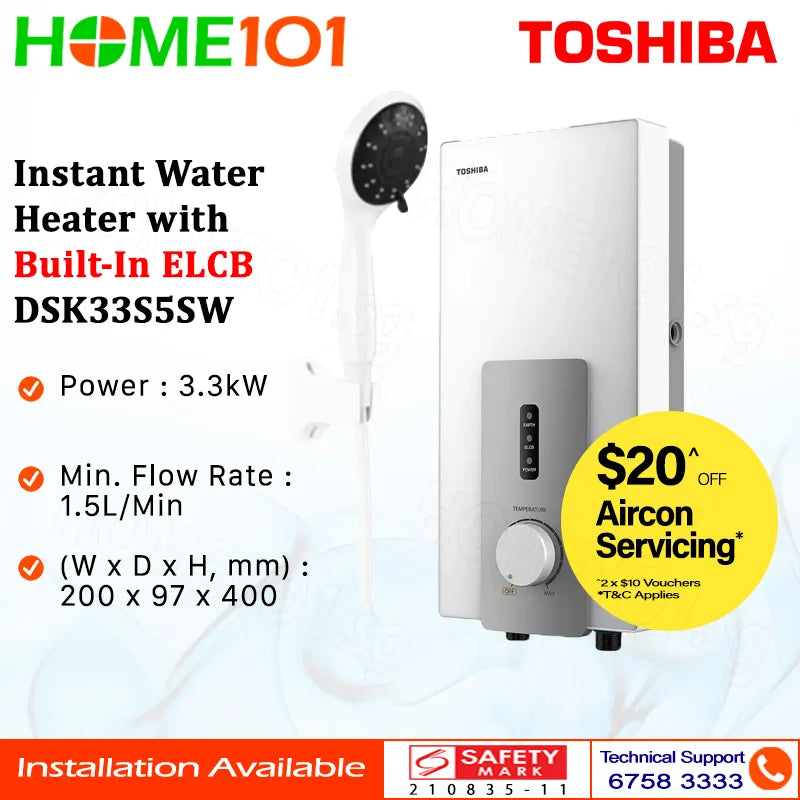 Toshiba Instant Water Heater With Build In ELCB DSK33S5S-W