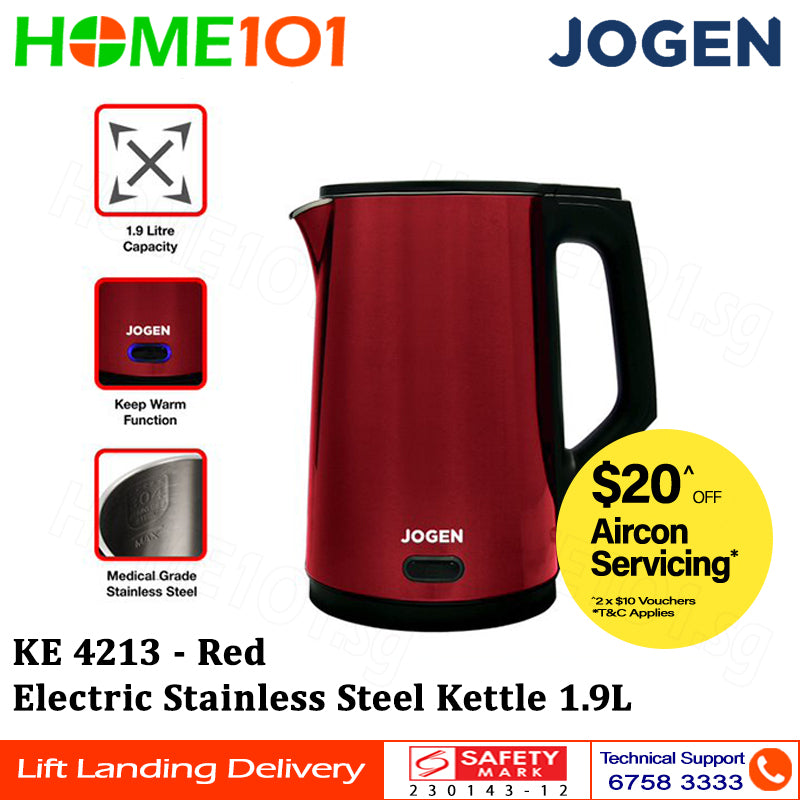 Jogen Electric Stainless Steel Kettle 1.9L KE 4213 - Red || KE 4214 - Green